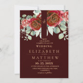 Burgundy Red and Gold Floral Modern Boho Wedding Einladung (Vorderseite)