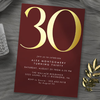Burgundy Red and Gold | Luxe Maroon 30. Geburtstag Folieneinladung
