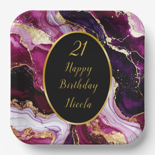 Burgundy Red and Gold Marble Agate Birthday Party Pappteller (Vorderseite)