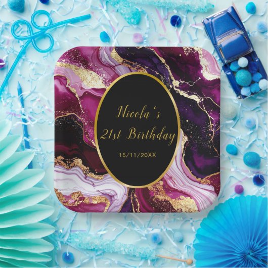 Burgundy Red and Gold Marble Agate Birthday Party Pappteller (Party)