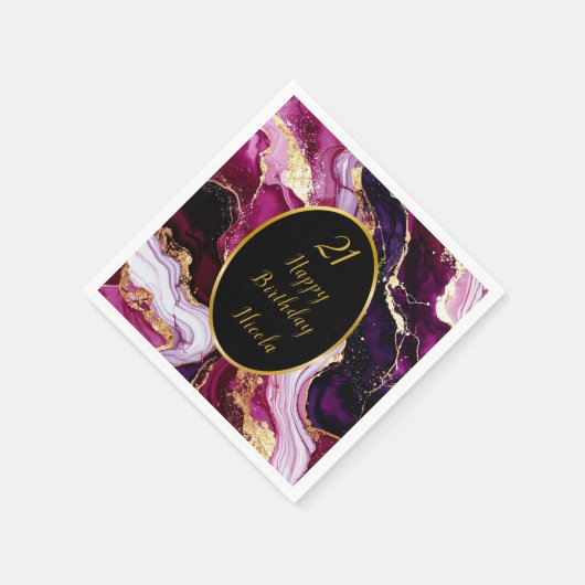 Burgundy Red and Gold Marble Agate Birthday Party Serviette (Ecke)