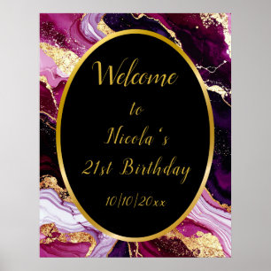 Burgundy Red and Gold Marble Agate Geburtstagspart Poster
