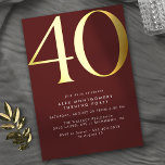 Burgundy Red and Gold | Modern Luxe 40th Birthday Folieneinladung<br><div class="desc">Modern minimal style 40th birthday invitations with heading "40" text in real metallic foil. Your event details are printed in matte white. Gold accents on a dark red background.</div>
