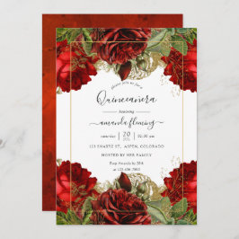 Burgundy Red and Gold Vintage Rose Quinceañera Einladung