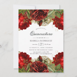 Burgundy Red and Gold Vintage Rose Quinceañera Einladung