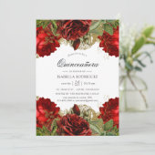 Burgundy Red and Gold Vintage Rose Quinceañera Einladung (Stehend Vorderseite)