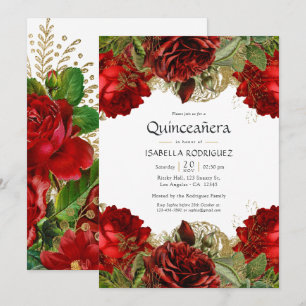 Burgundy Red and Gold Vintage Rose Quinceañera Einladung