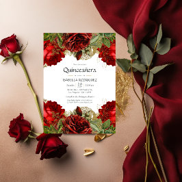 Burgundy Red and Gold Vintage Rose Quinceañera Einladung