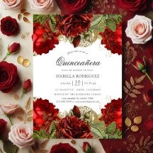 Burgundy Red and Gold Vintage Rose Quinceañera