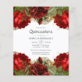 Burgundy Red and Gold Vintage Rose Quinceañera Flyer