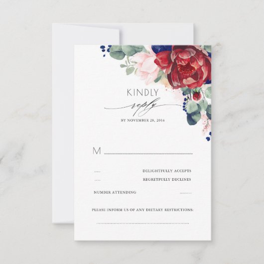 Burgundy Red and Navy Blue Elegant RSVP Karte (Vorderseite)