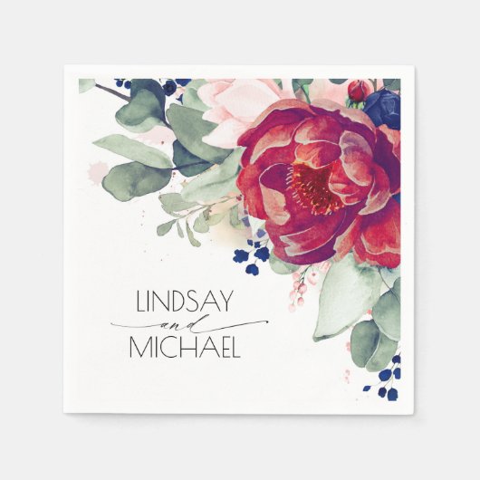 Burgundy Red and Navy Blue Floral Elegant Serviette (Vorderseite)