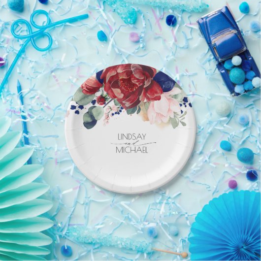 Burgundy Red and Navy Blue Floral Elegante Hochzei Pappteller (Party)