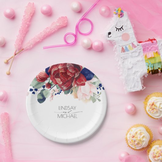 Burgundy Red and Navy Blue Floral Elegante Hochzei Pappteller (Party)