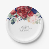 Burgundy Red and Navy Blue Floral Elegante Hochzei Pappteller (Vorderseite)
