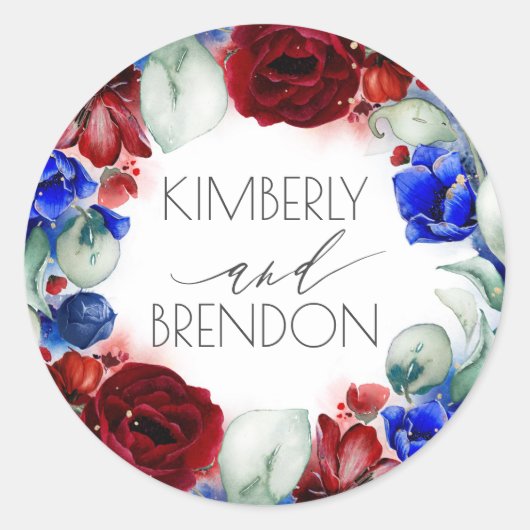 Burgundy Red and Navy Blue Floral Wreath Boho Chic Runder Aufkleber (Vorderseite)