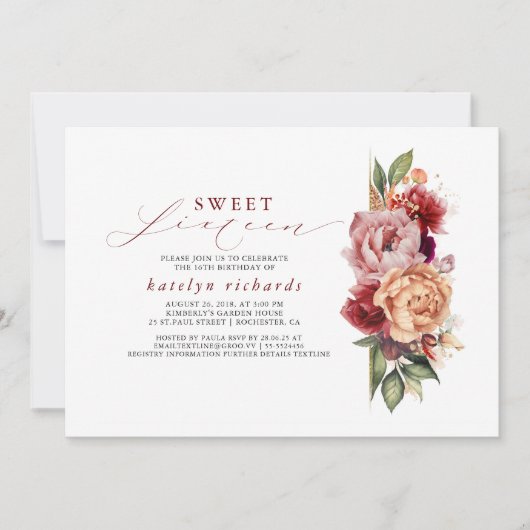 Burgundy Red and Orange Floral Chic 16 . Geburtsta Einladung (Vorderseite)