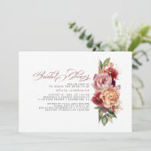 Burgundy Red and Orange Floral Fall Brautparty Einladung (Stehend Vorderseite)