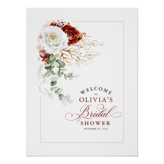 Burgundy Red and White Chic Bridal Shower Welcome Poster (Vorderseite)