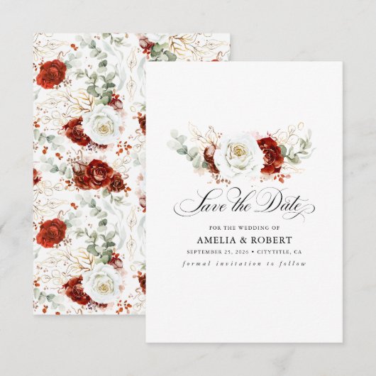 Burgundy Red and White Chic Floral Save the Date (Vorne/Hinten)