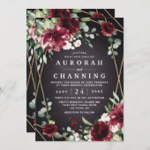 Burgundy Red Black and Gold Floral Elegante Hochze Einladung (Vorne/Hinten)