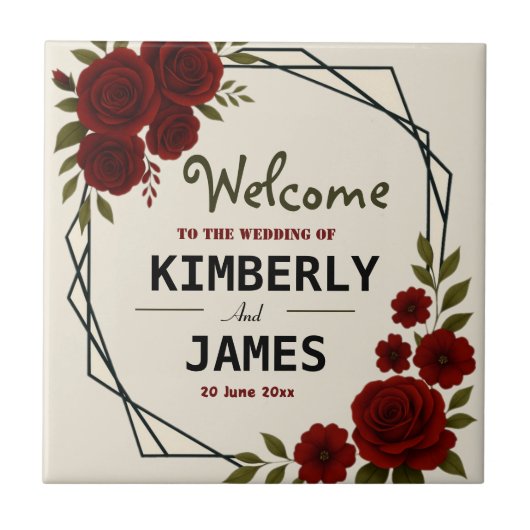 Burgundy Red & Black Geometric Wedding Modern Fliese (Vorderseite)