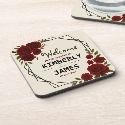 Burgundy Red & Black Geometric Wedding Modern Getränkeuntersetzer (Linke Seite)