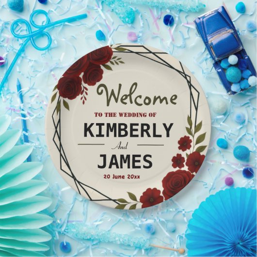 Burgundy Red & Black Geometric Wedding Modern Pappteller (Party)