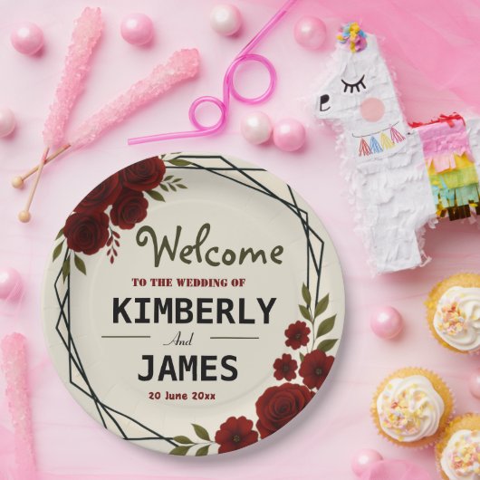 Burgundy Red & Black Geometric Wedding Modern Pappteller (Party)