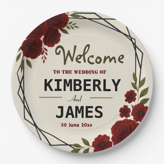 Burgundy Red & Black Geometric Wedding Modern Pappteller (Vorderseite)