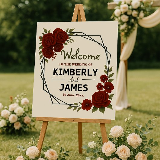 Burgundy Red & Black Geometric Wedding Modern  Poster