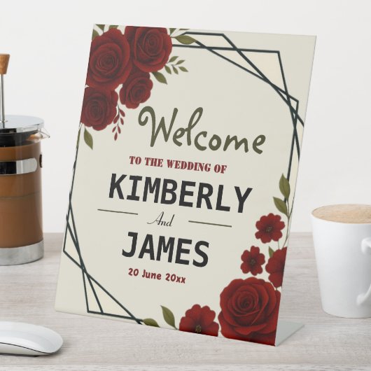 Burgundy Red & Black Geometric Wedding Modern Sockelschild (In Situ)