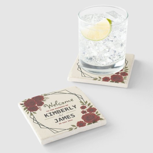 Burgundy Red & Black Geometric Wedding Modern Steinuntersetzer (Seitenansicht)