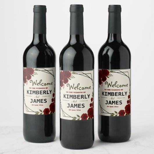 Burgundy Red & Black Geometric Wedding Modern Weinetikett (Flaschen)