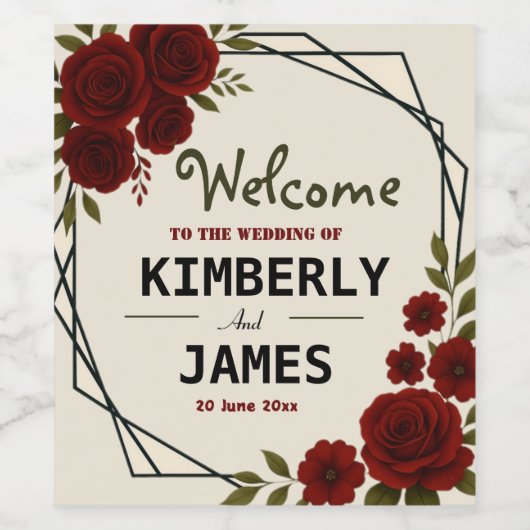 Burgundy Red & Black Geometric Wedding Modern Weinetikett (Einzelnes Label)