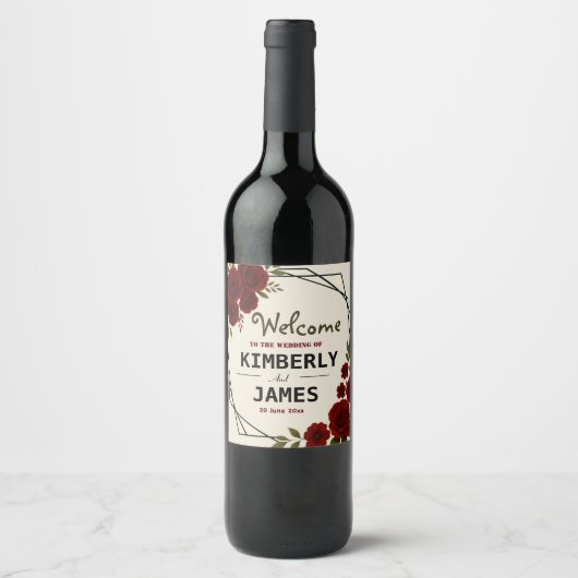 Burgundy Red & Black Geometric Wedding Modern Weinetikett (Vorderseite)