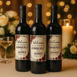 Burgundy Red & Black Geometric Wedding Modern  Weinetikett