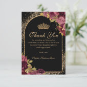 Burgundy Red Black Gold Glitzer Floral Quinceanera Dankeskarte (Stehend Vorderseite)