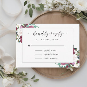 Burgundy Red Blooms Boho Wedding RSVP Karte