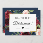 Burgundy Red Blue Floral werden Sie meine Bridesma Einladung (Vorne/Hinten)
