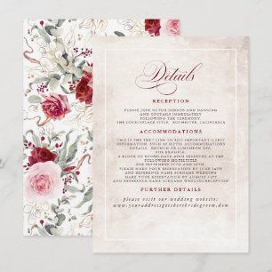 Burgundy Red Blume Elegant Boho Hochzeitdetails Begleitkarte