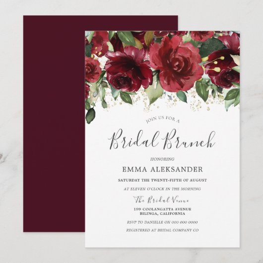 Burgundy Red Blume Gold Glitzer Brautparty Einladung (Vorne/Hinten)