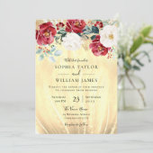 Burgundy Red Blume Golden Glitzer Hochzeit Einladung (Stehend Vorderseite)