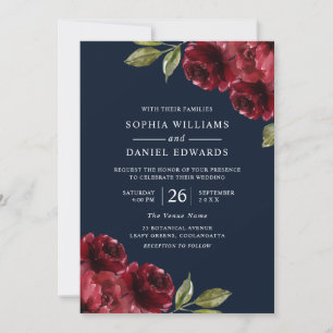 Burgundy Red Blume, Navy Blue Wedding Einladung