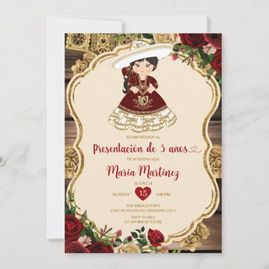 Burgundy Red Blume Presentación De Tres Años Einladung (Vorderseite)