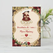 Burgundy Red Blume Presentación De Tres Años Einladung (Stehend Vorderseite)