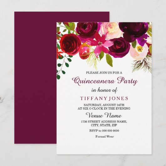 Burgundy Red Blume Quinceanera Party Einladung (Vorne/Hinten)