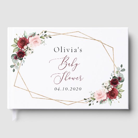 Burgundy Red Blume, Rosa Blume, Babydusche Gästebuch (Vorderseite)