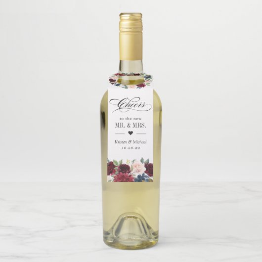Burgundy Red Blush Bloral Blue Wedding Cheers Flaschenanhänger (Auf Flasche)