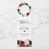 Burgundy Red Blush Bloral Blue Wedding Cheers Flaschenanhänger (Vorderseite)